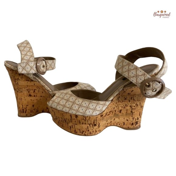 Authentic Louis Vuitton Cream Beige Printed Wedge Cork Platform Sandals 39.5/9.5 - Picture 1 of 14